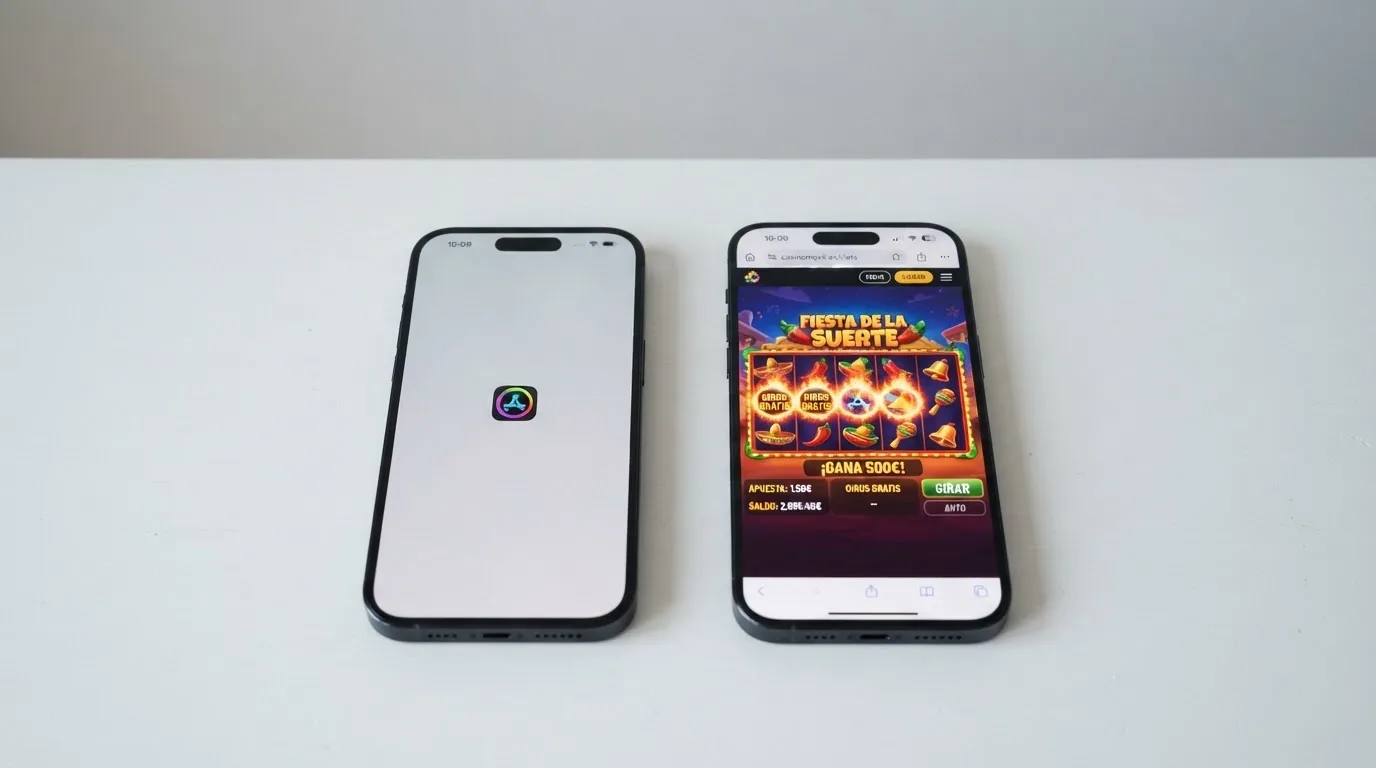 Dos pantallas de móvil una junto a otra: la izquierda muestra el icono de una app de casino en la pantalla de inicio, la derecha muestra el mismo casino abierto en el navegador Chrome con la misma tragaperras cargada.