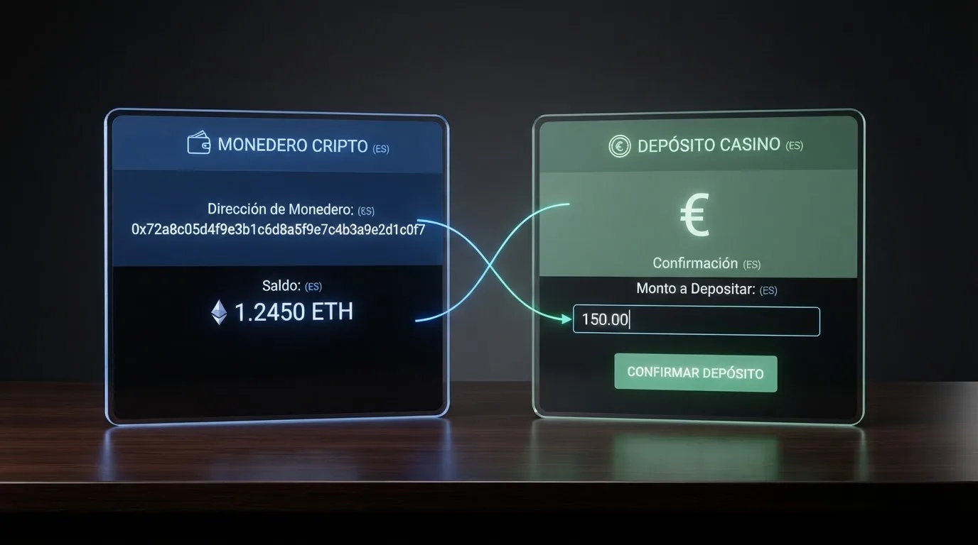 Pantalla dividida que muestra una wallet de criptomonedas con una dirección alfanumérica junto a la pantalla de depósito de un casino online