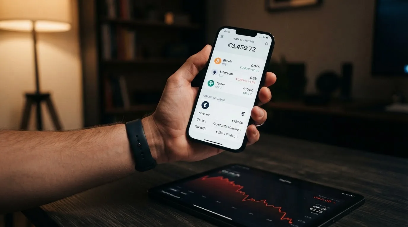 Monedero digital con saldo en Bitcoin, Ethereum y USDT junto a la pantalla de depósito de un casino cripto