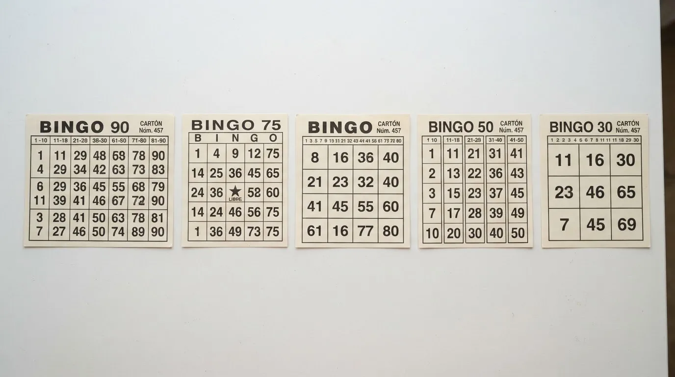 Cartones de las cinco variantes de bingo online (90, 75, 80, 50 y 30 bolas) alineados para comparar su formato