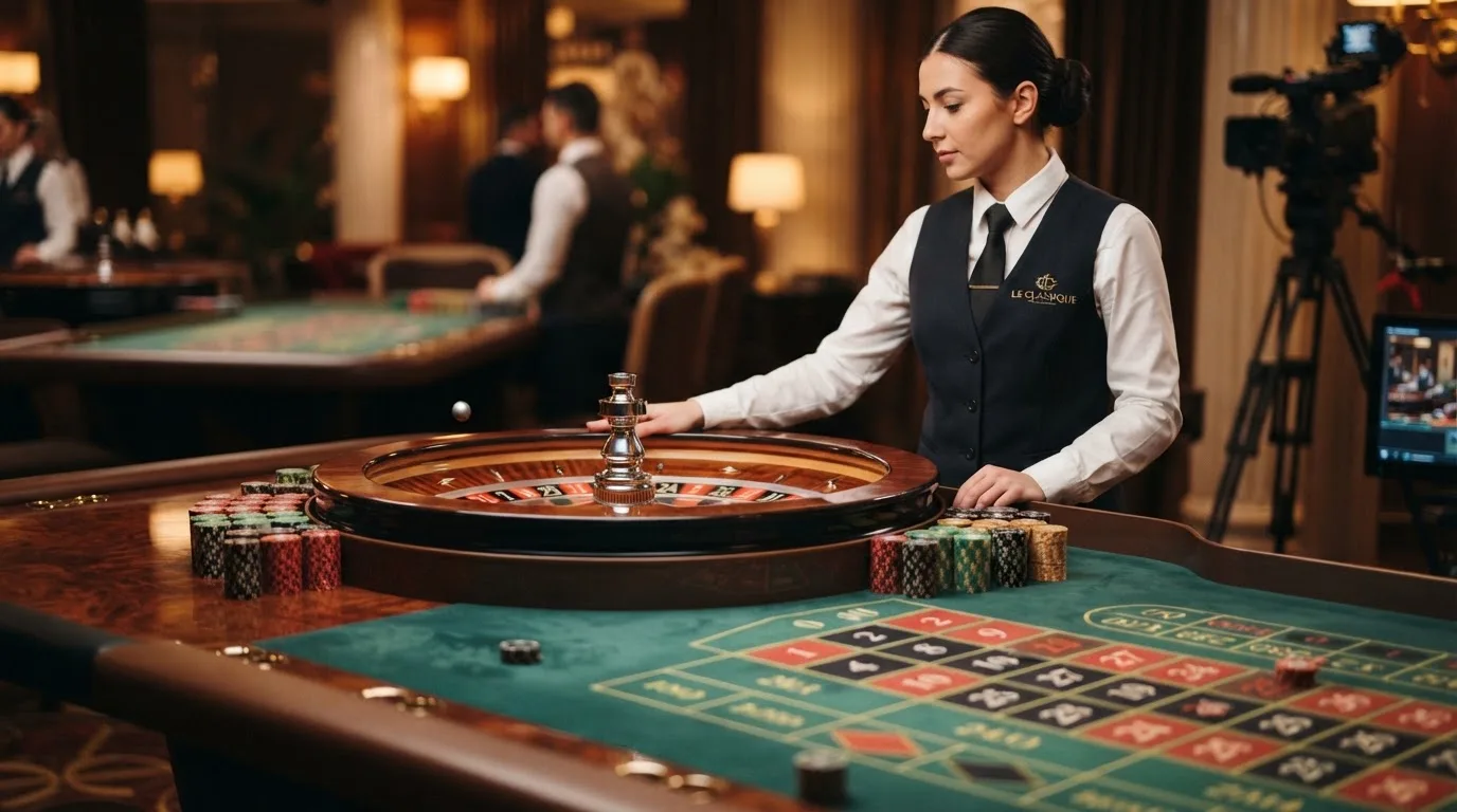 Mesa de ruleta en vivo con crupier real y cuadrícula de tragaperras populares en la plataforma de Casino Barcelona online
