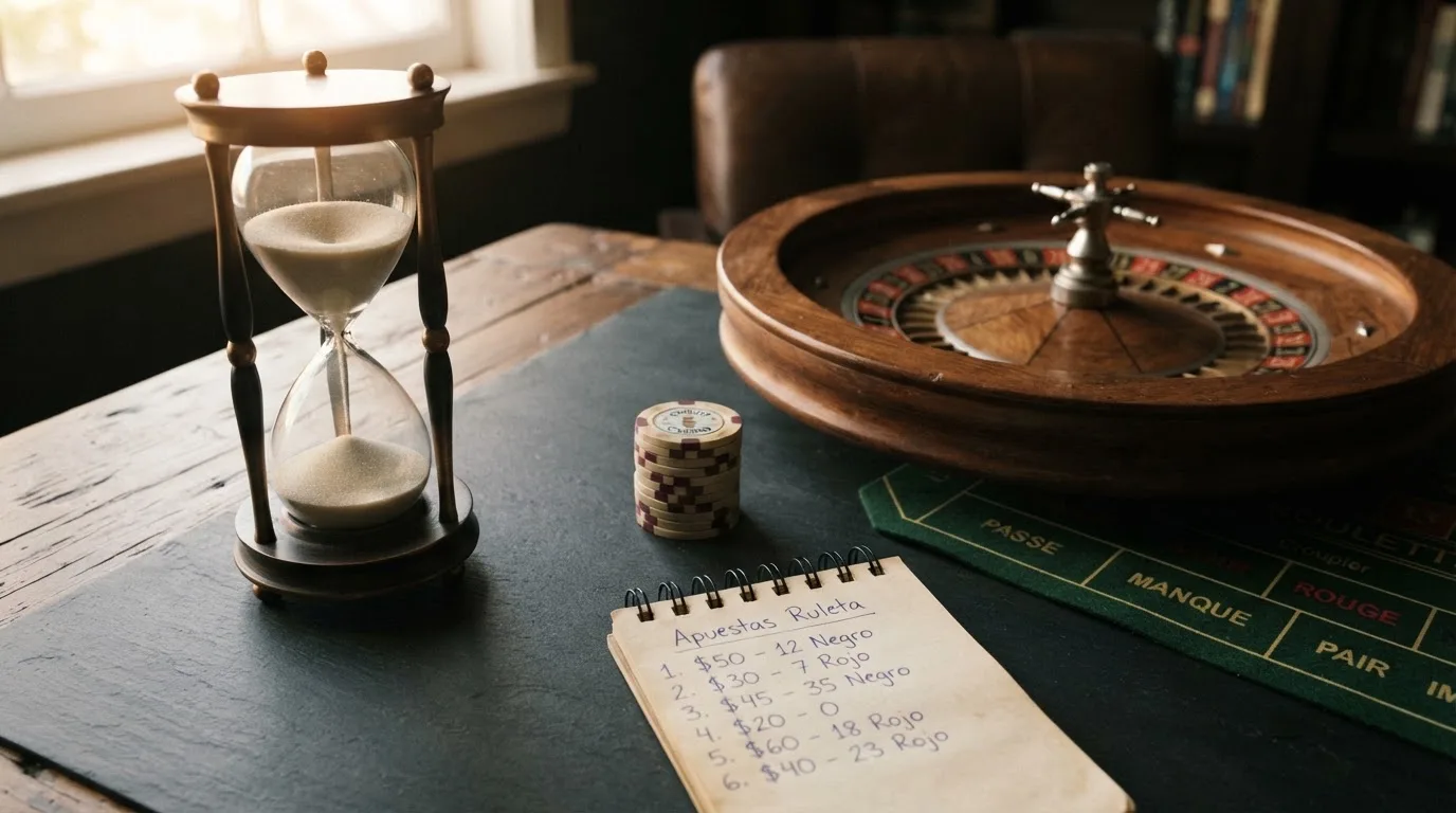 Un reloj de arena junto a una ruleta y una pila de fichas, con una libreta donde alguien ha escrito números