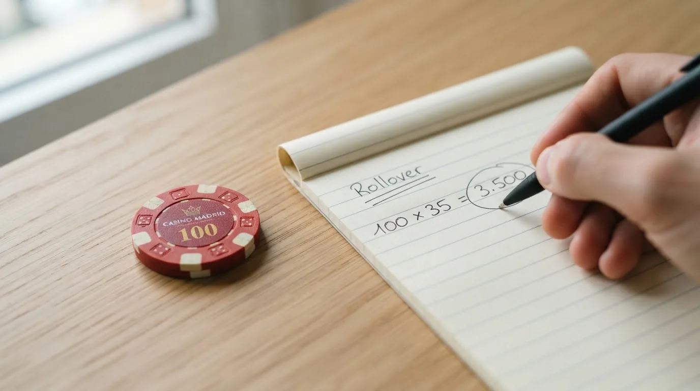 Un primer plano de una ficha de casino sobre una calculadora, con anotaciones que muestran el cálculo de un requisito de apuesta