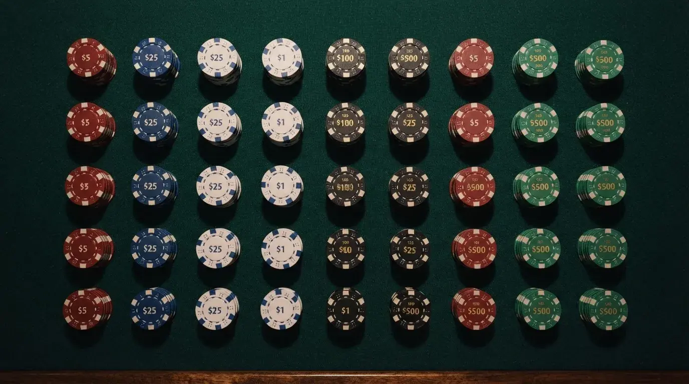 Una cuadrícula con fichas de casino de distintos colores ordenadas sobre una mesa de juego, representando la comparación entre operadores