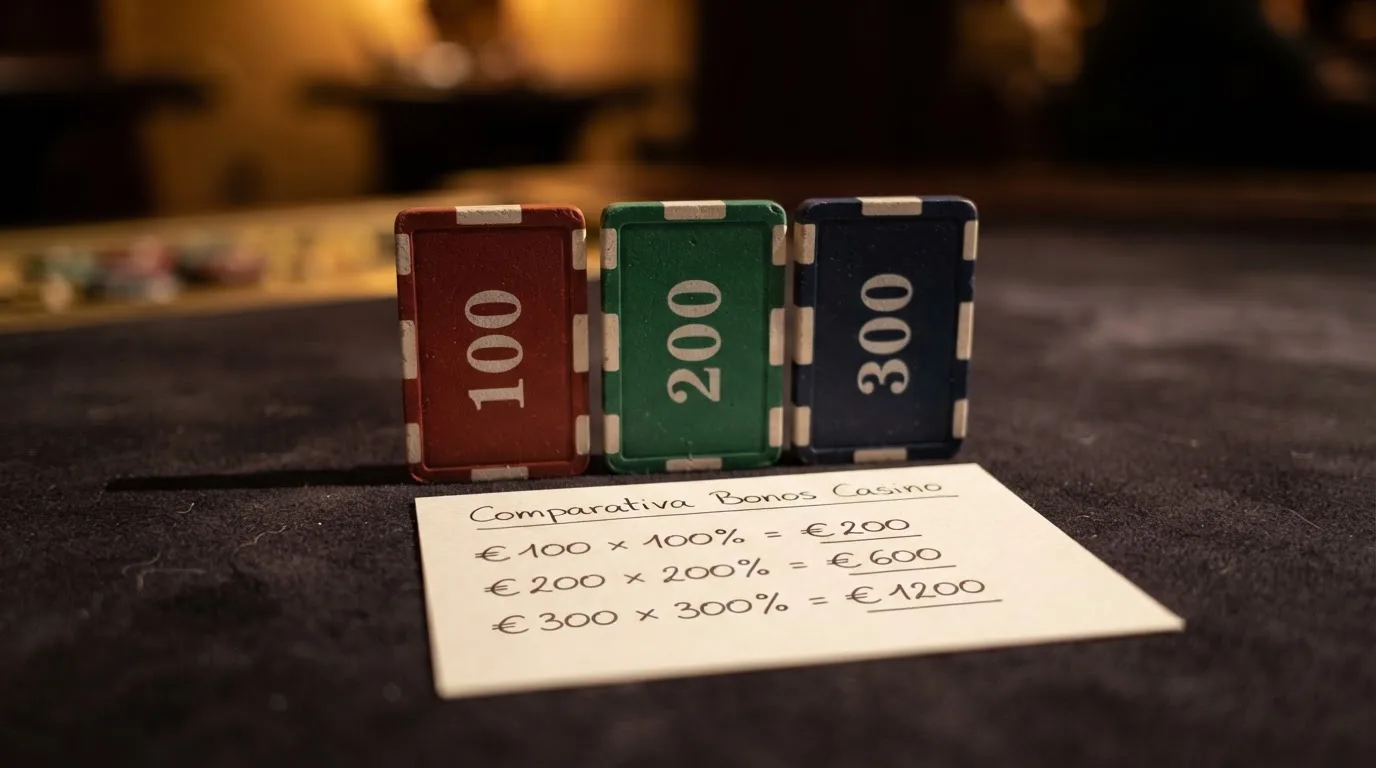 Comparativa visual de tarjetas de bonos de bienvenida de varios casinos online con licencia española, mostrando porcentajes, importes y condiciones