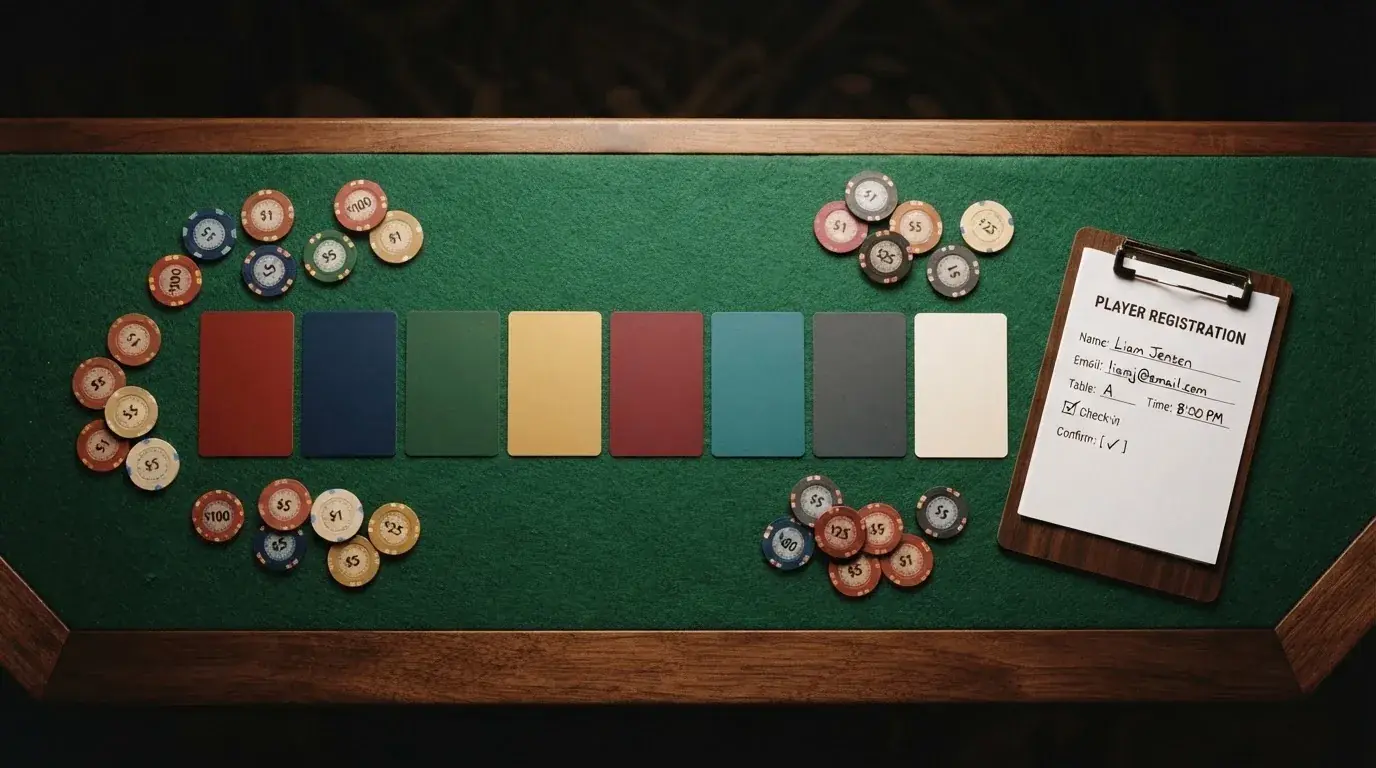 Fila de logotipos de casinos con licencia DGOJ dispuestos sobre una mesa de juego con fichas y una tarjeta de registro