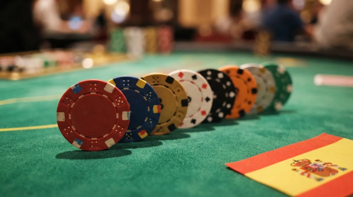 Varias fichas de casino alineadas en fila, cada una con el color distintivo de un operador diferente, sobre un tapete verde con la bandera de España visible en una esquina