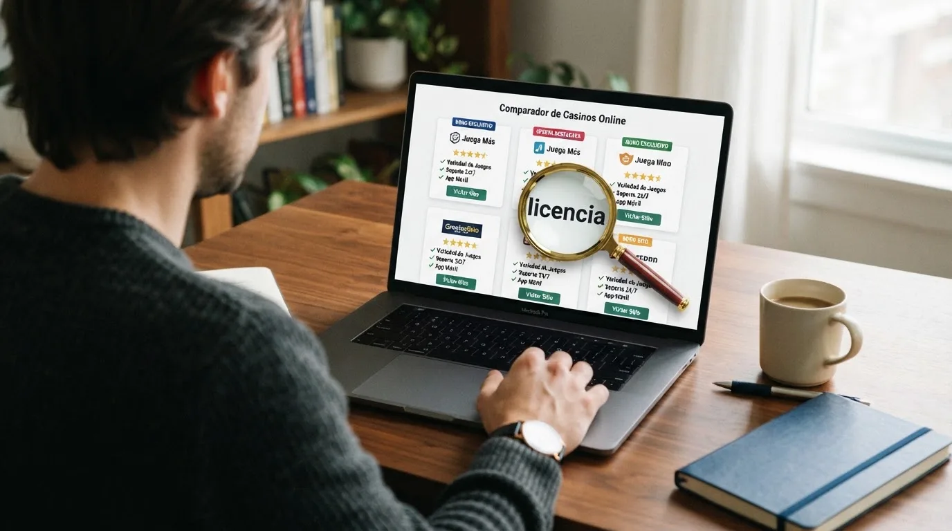 Pantalla de ordenador mostrando las fichas de varios casinos online con sus logotipos, interfaces en español y una lupa sobre la palabra licencia
