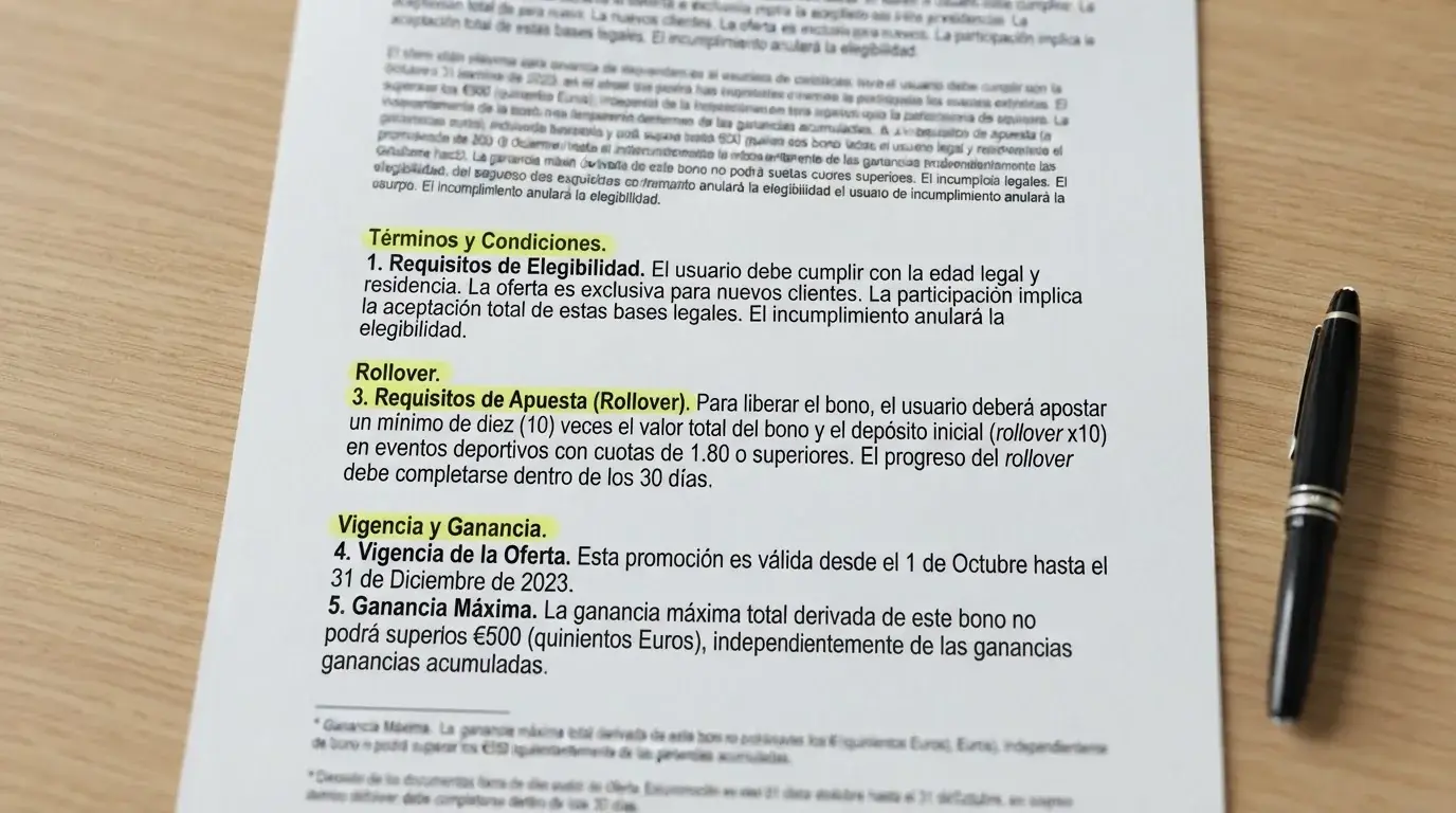 Primer plano de los términos y condiciones de una promoción de casino online, con los apartados de rollover, vigencia y ganancia máxima resaltados