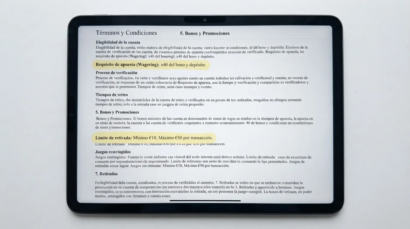 Pantalla de los términos y condiciones de un bono sin depósito con el requisito de apuesta y el límite de retirada resaltados