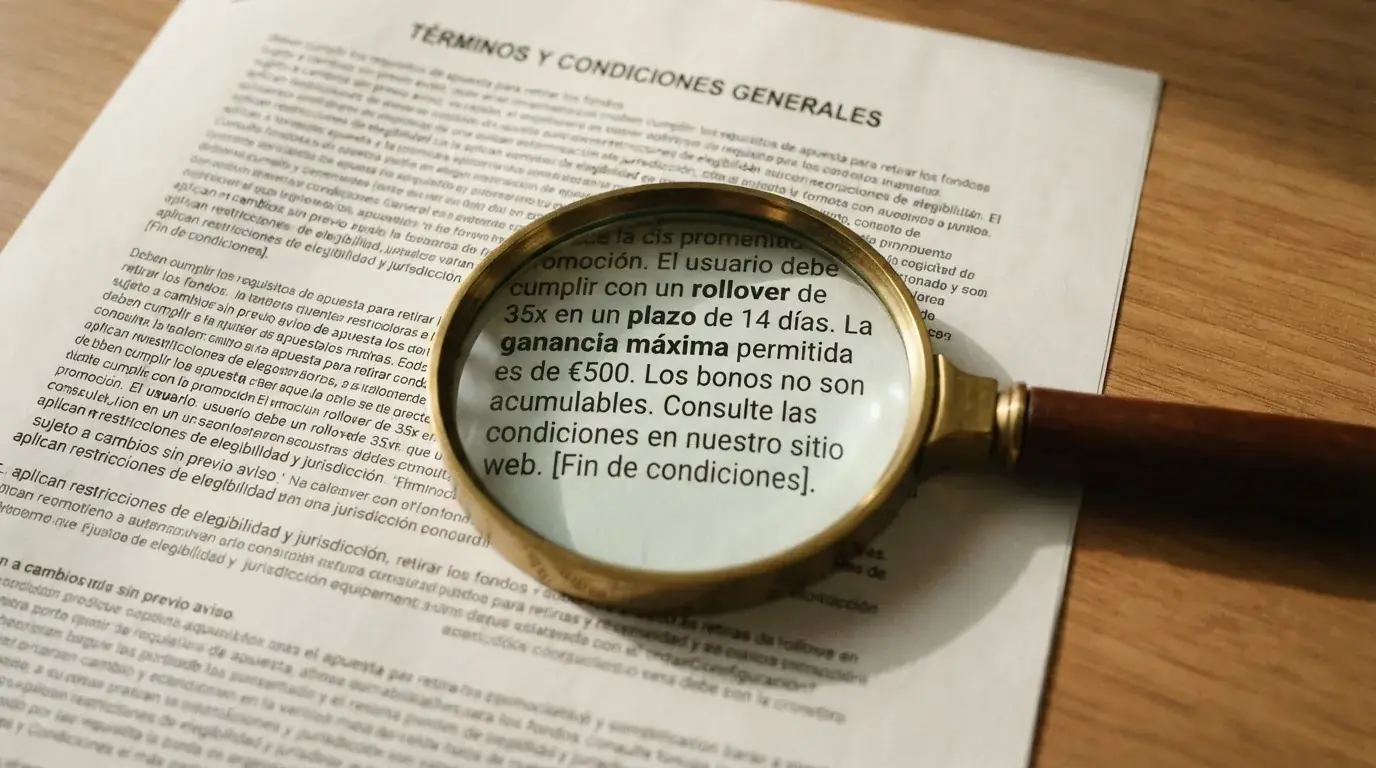 Un primer plano de una lupa sobre la letra pequeña de un contrato o pantalla de términos y condiciones de un bono de casino, con los términos «rollover», «plazo» y «ganancia máxima» apenas visibles entre el texto