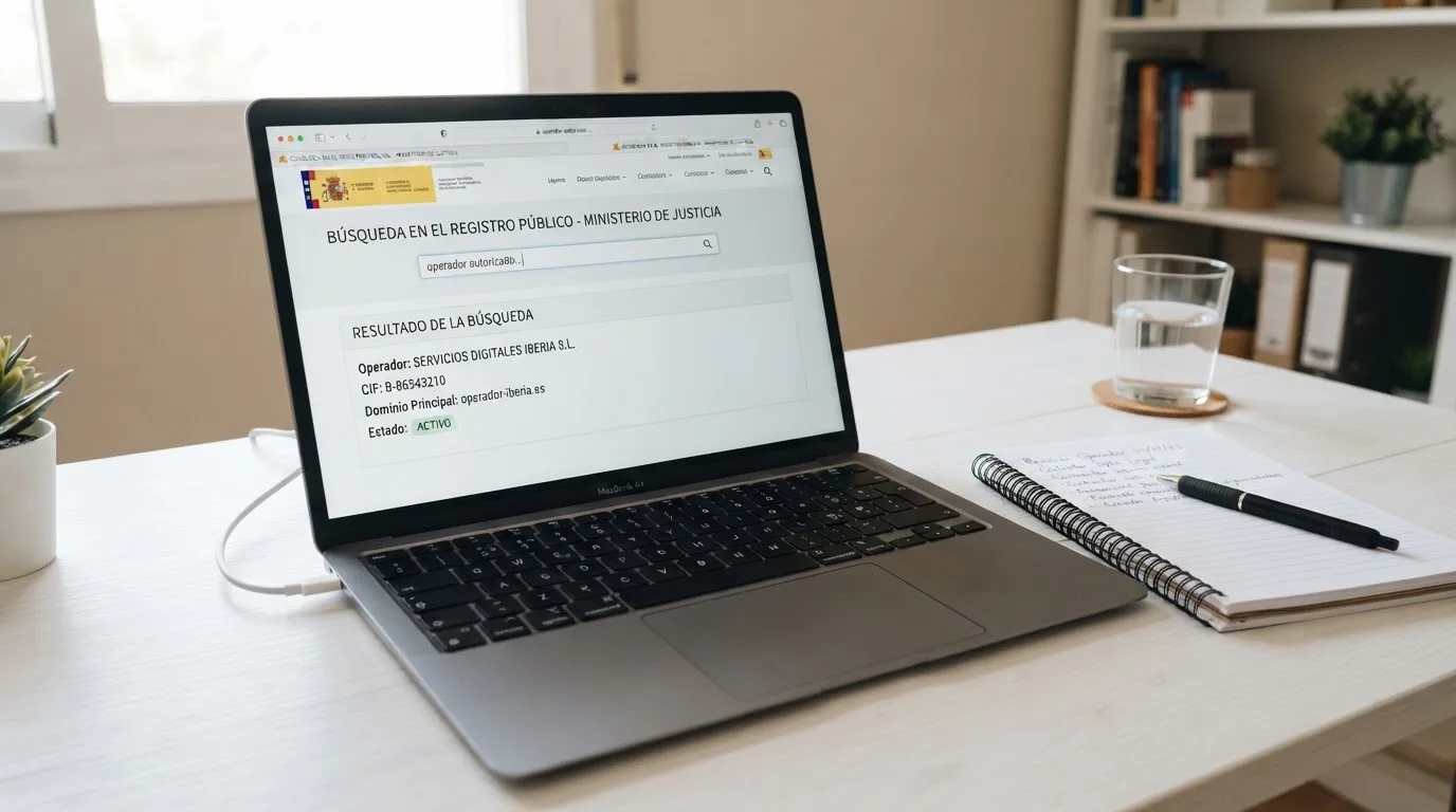 Pantalla del registro público de operadores con licencia en ordenacionjuego.es mostrando el buscador y un resultado de operador autorizado con dominio .es