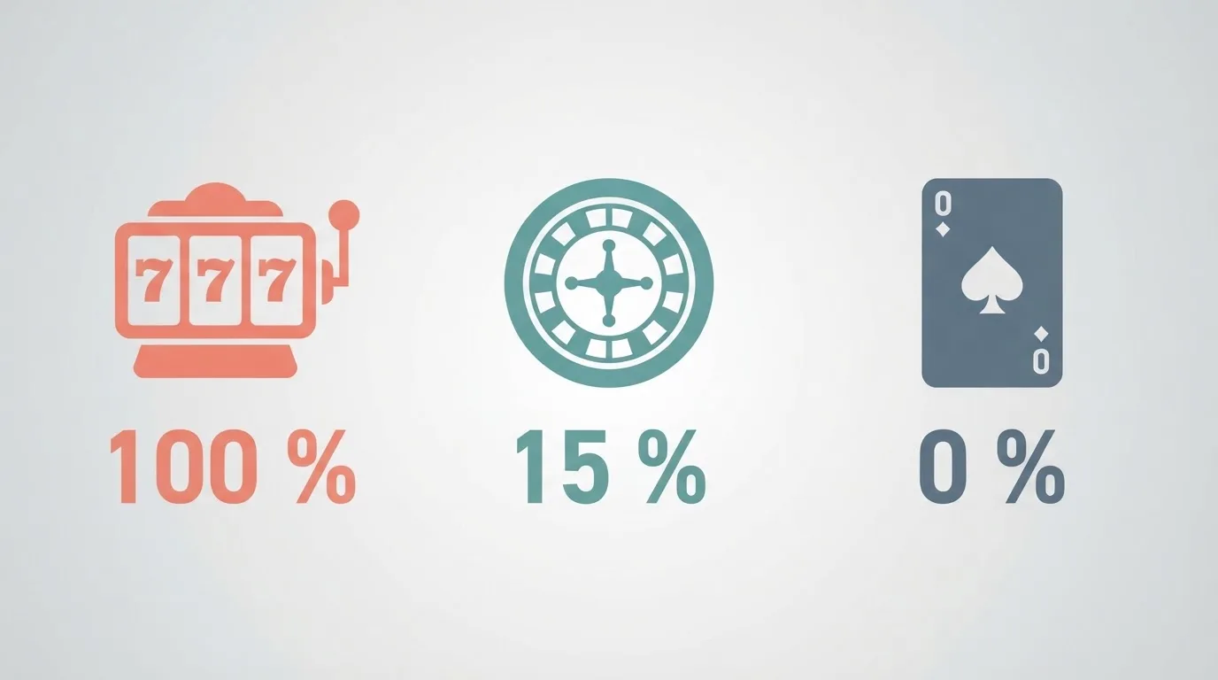 Interfaz de tragaperras en un móvil con tres columnas superpuestas que muestran «100 %», «15 %» y «0 %» sobre los iconos de slots, ruleta y blackjack