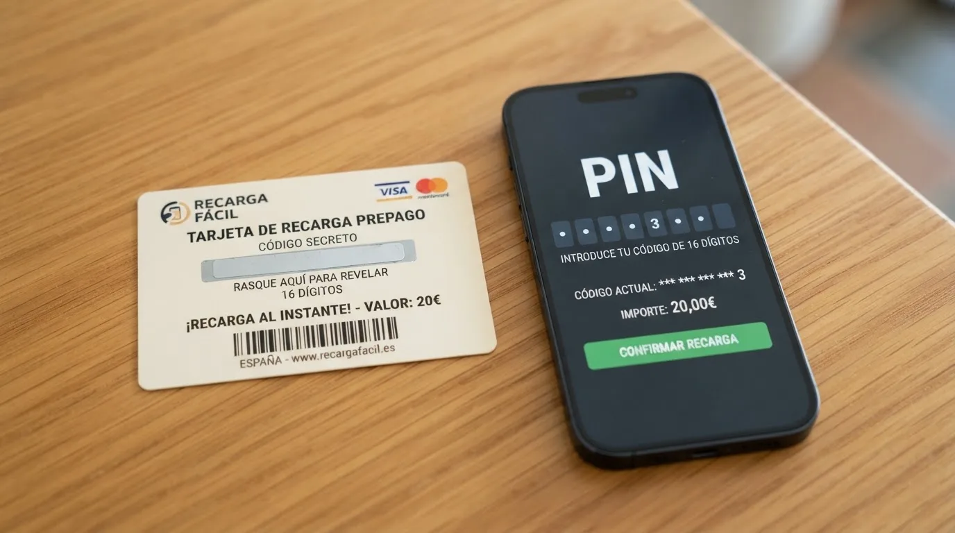 Primer plano de un cupón Neosurf físico junto a la pantalla de depósito de un casino online donde se introduce el código PIN de 10 dígitos