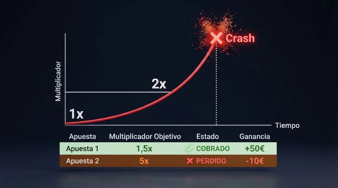 Gráfico de la curva de crecimiento del multiplicador de Aviator mostrando el momento del crash y el desglose de una ronda con dos apuestas simultáneas activas