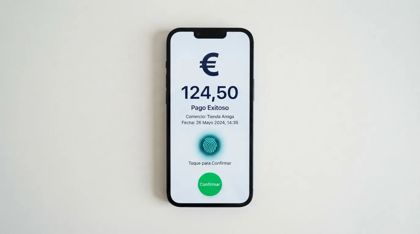 Pantalla de un teléfono mostrando el flujo de depósito con CaixaBank Pay: la app CaixaBankNow, la autenticación SCA y la confirmación del ingreso en el saldo del casino