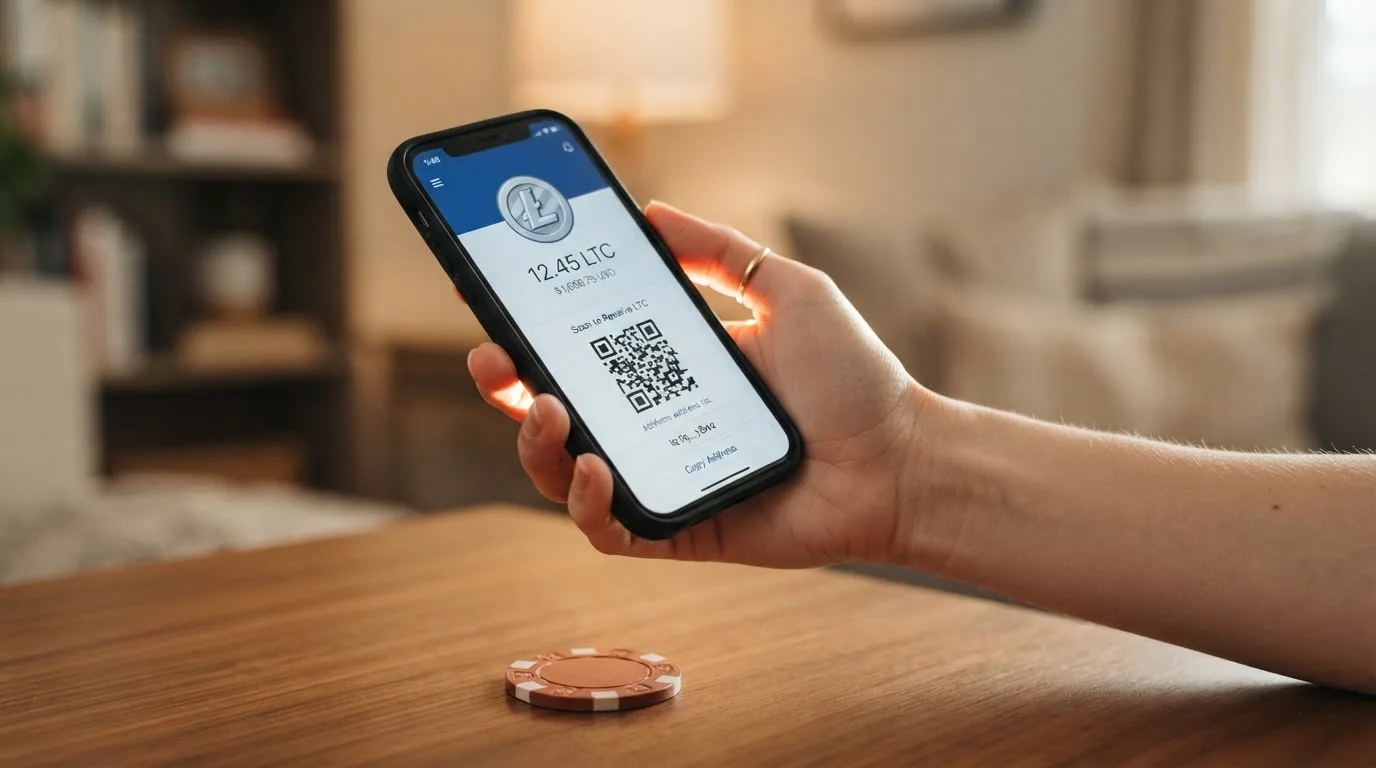 Monedero de criptomonedas mostrando una transacción de Litecoin hacia un casino online, con el QR y la dirección de depósito visibles