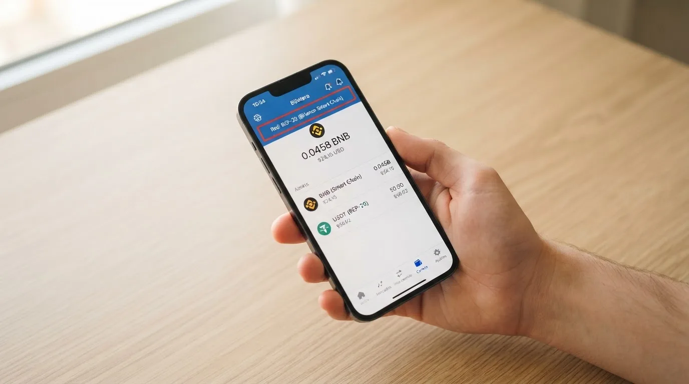 Pantalla de una wallet cripto mostrando la red BNB Smart Chain (BEP-20) seleccionada antes de enviar una transacción