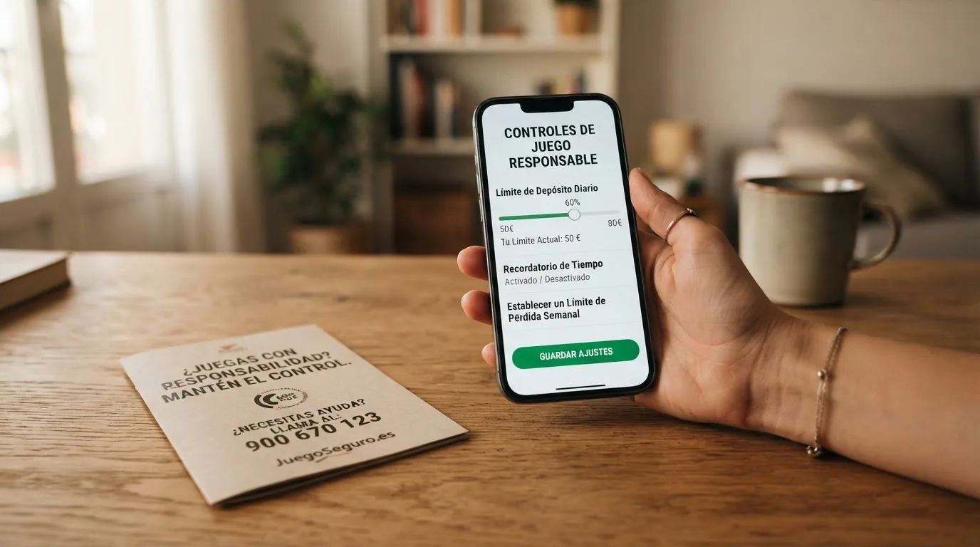 Una mano sosteniendo un teléfono móvil con la pantalla de un casino online, y al lado un folleto con el logotipo de la DGOJ y el número 024 de ayuda al jugador