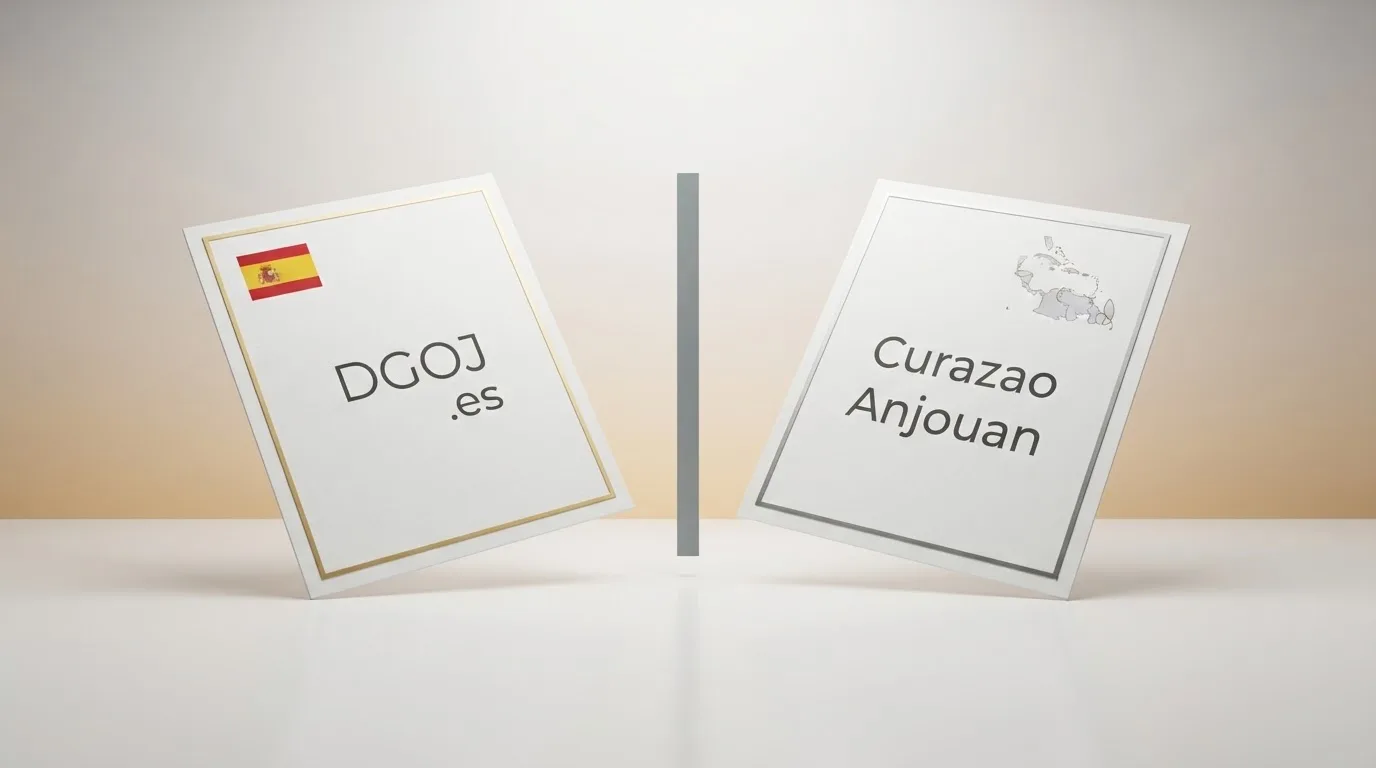 Comparativa visual entre una licencia de la DGOJ (dominio .es, bandera española) y una licencia offshore de Curazao o Anjouan, con un mapa que muestra la diferenca de jurisdicción