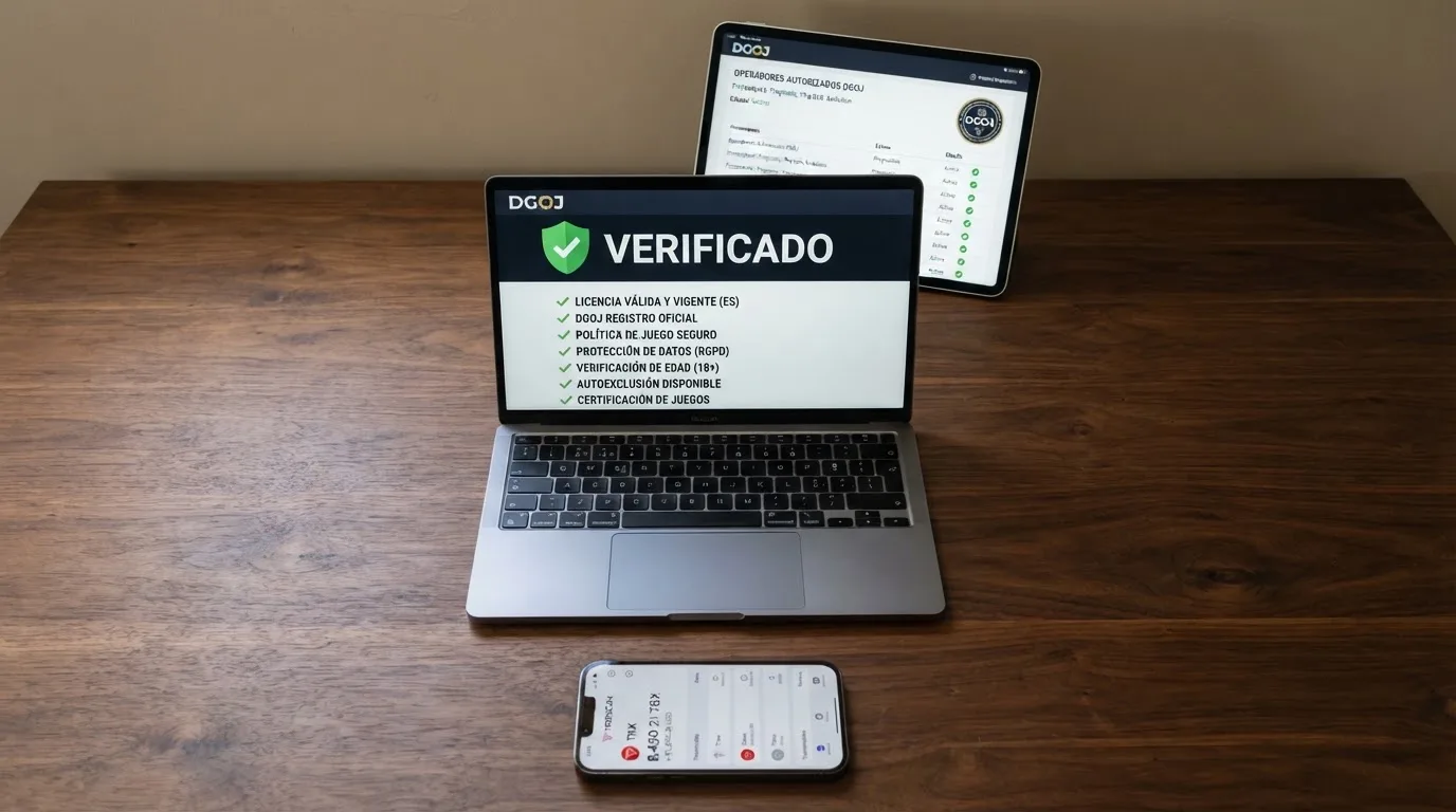 Un sello oficial de licencia de juego junto a una captura del registro de operadores de la DGOJ en una pantalla, con un monedero TRX en primer plano.