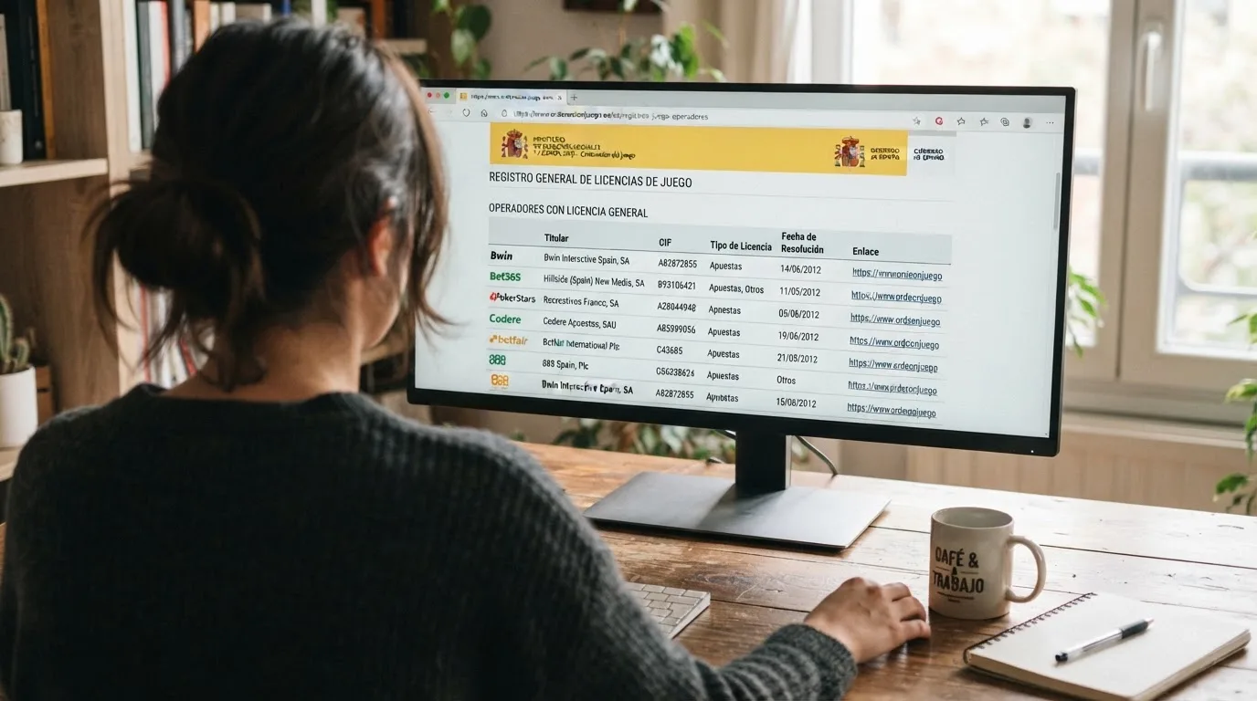 Pantalla de ordenador mostrando el registro oficial de operadores con licencia de la DGOJ, con el dominio ordenacionjuego.es visible en la barra de navegación
