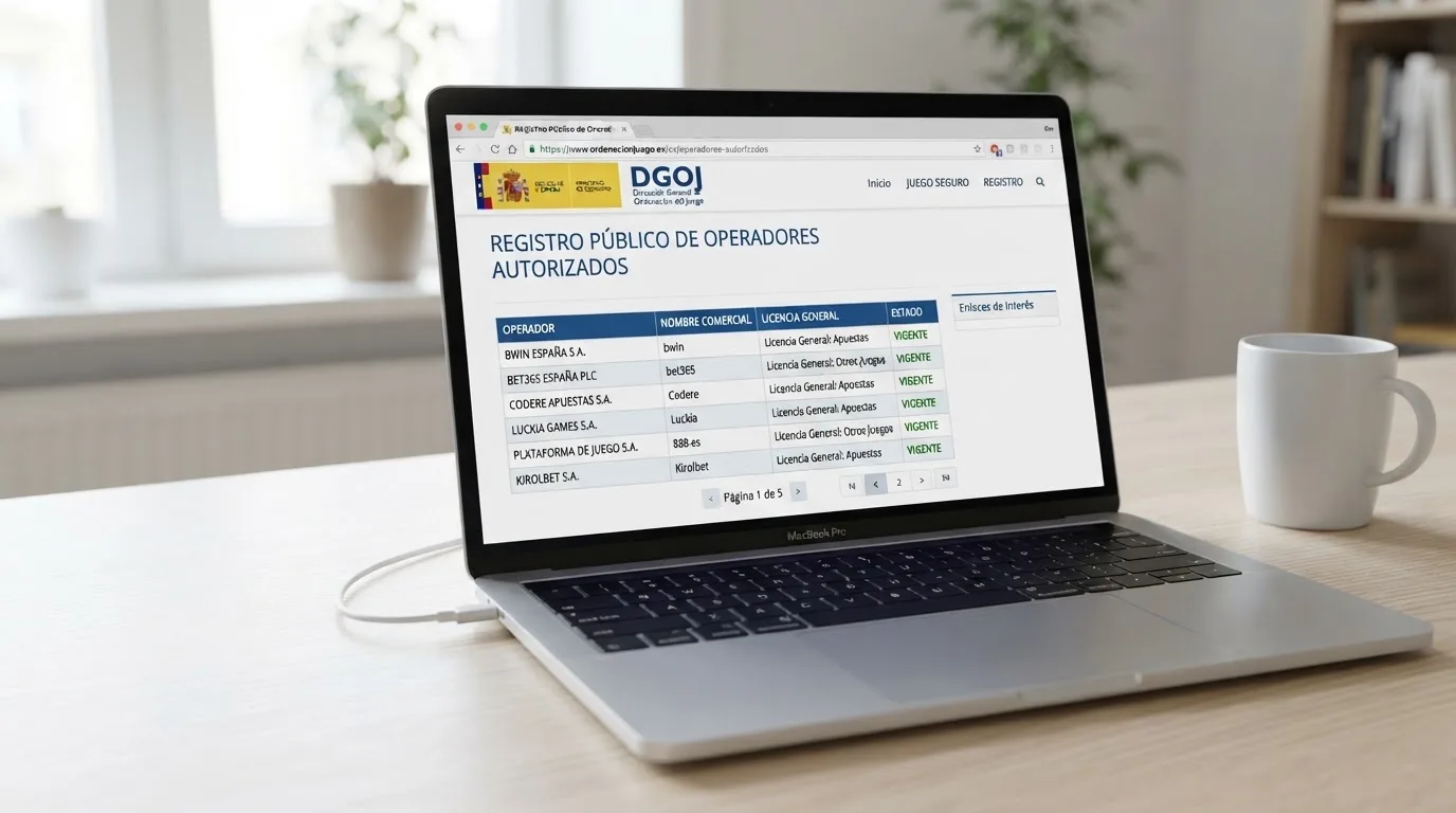Pantalla del registro público de ordenacionjuego.es con el listado de operadores autorizados y el dominio .es visible en la barra de navegación