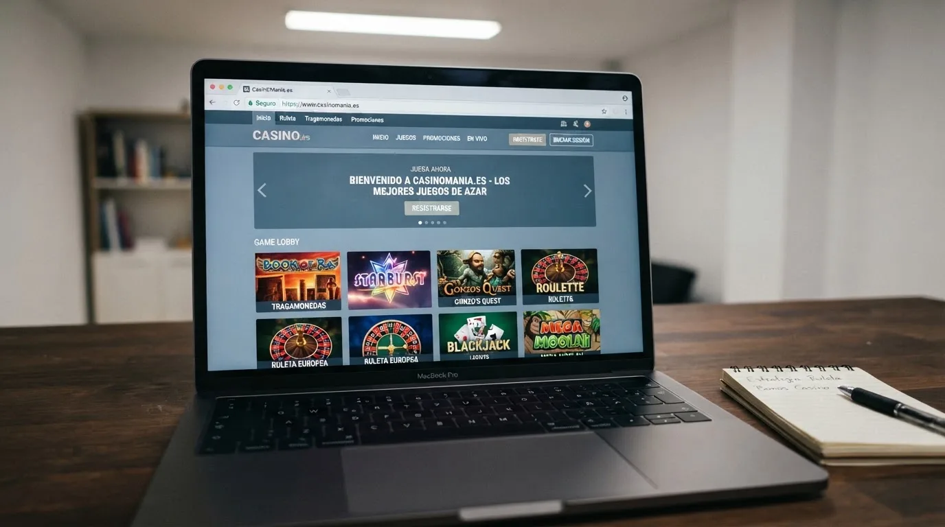 Primer plano de una pantalla que muestra la parte inferior de la web de un casino, con el logo de la DGOJ, el número de licencia y el dominio .es visibles en la barra del navegador.