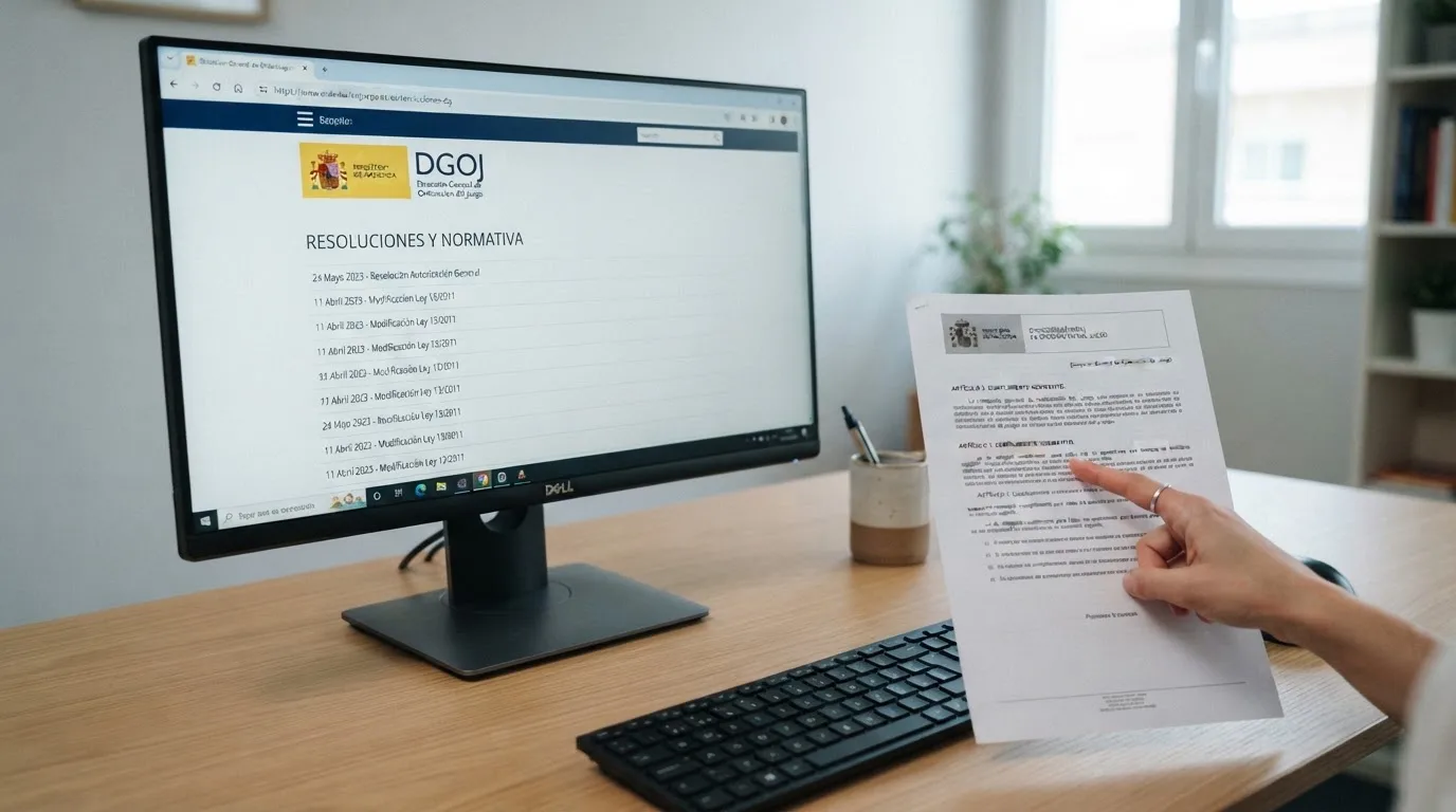 El sello oficial de la DGOJ junto a documentación de regulación de juego online en España, con el dominio .es visible en la pantalla de un ordenador