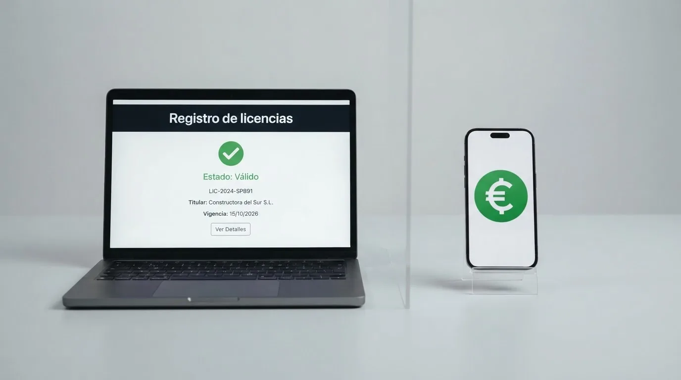 Un documento oficial con el sello de la DGOJ junto a un monedero digital mostrando USDC, separados visualmente por una línea divisoria