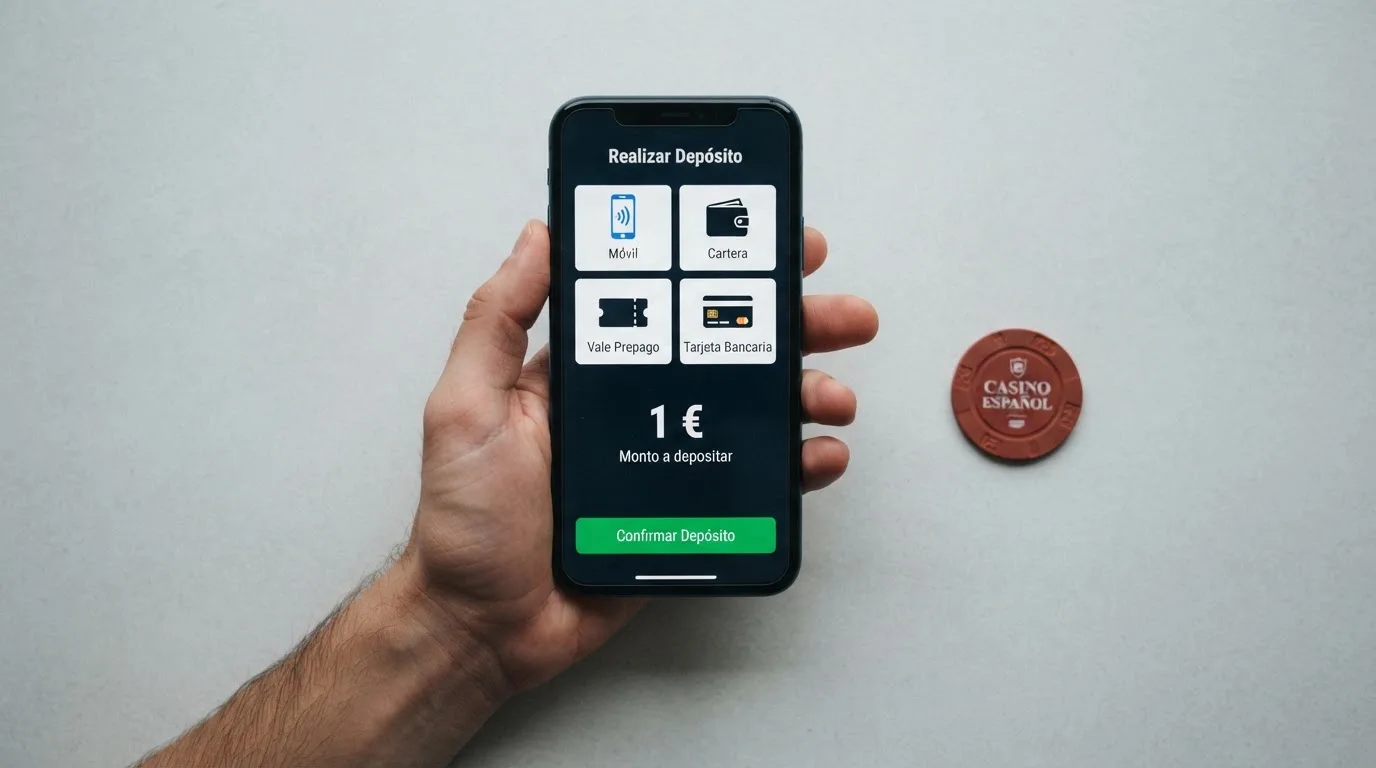 Móvil mostrando los iconos de Bizum, PayPal, Paysafecard y Visa junto al importe de 1 euro en una pantalla de depósito