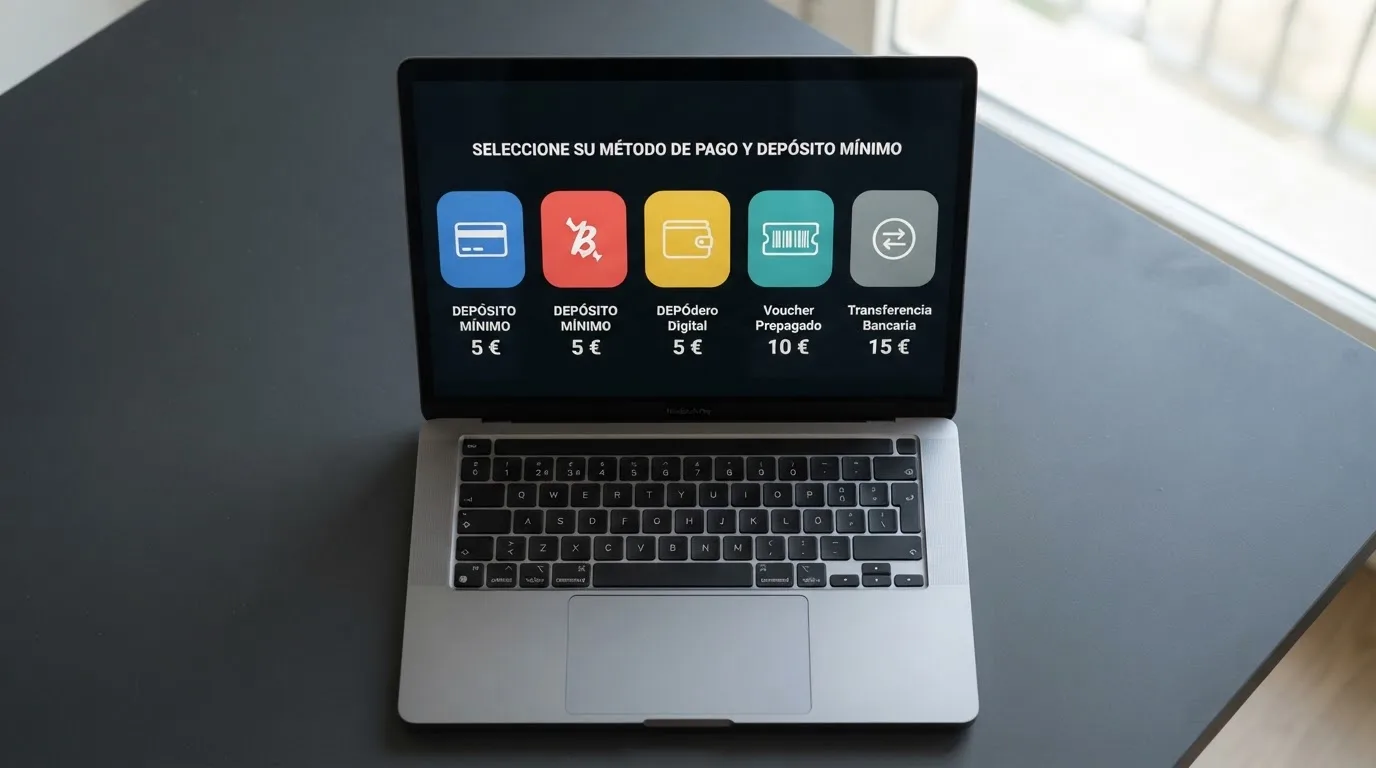 Pantalla de cajero de casino online con los iconos de tarjeta, Bizum, PayPal, Paysafecard y Skrill junto al importe mínimo de cada uno