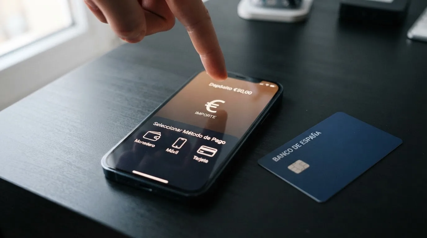 Un teléfono muestra la pantalla de depósito de un casino con los iconos de Bizum, Apple Pay y Google Pay como opciones disponibles, junto a una tarjeta bancaria físicamente apartada a un lado del encuadre.