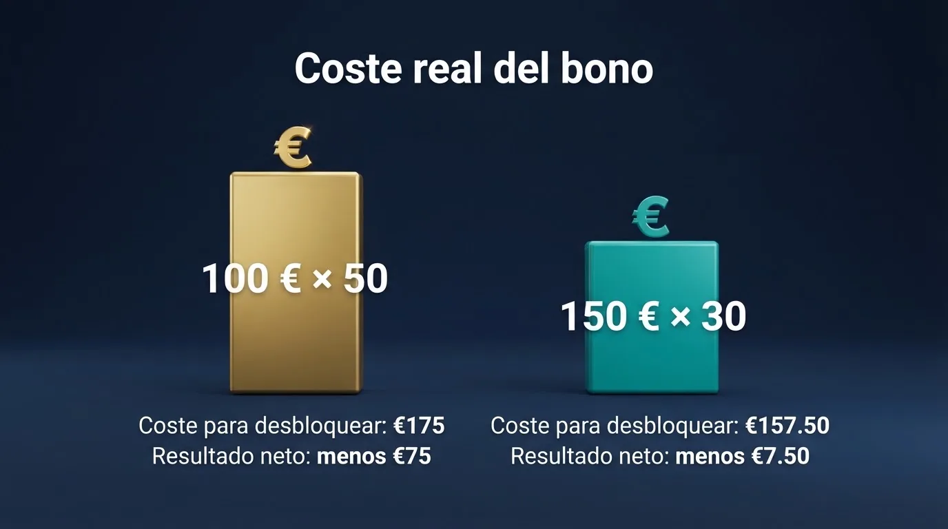 Comparativa visual de dos bonos de casino con distinto importe y rollover, mostrando el coste real de liberar cada uno