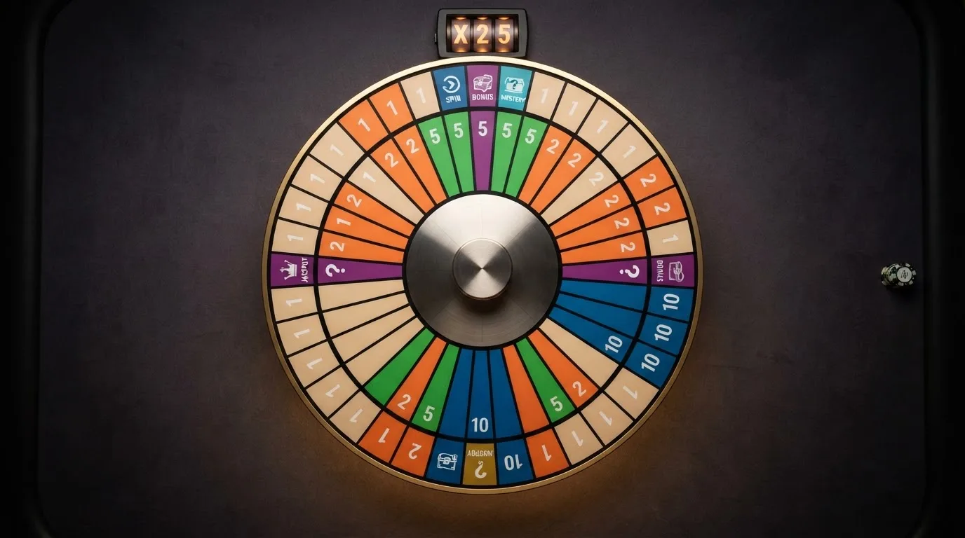 Desglose visual de los 54 segmentos de la rueda de Crazy Time con los números 1, 2, 5 y 10, y las cuatro zonas de bonus destacadas en color