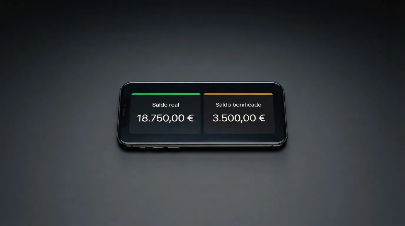 Dos columnas en la interfaz de un casino online muestran el saldo real y el saldo bonificado como conceptos separados.