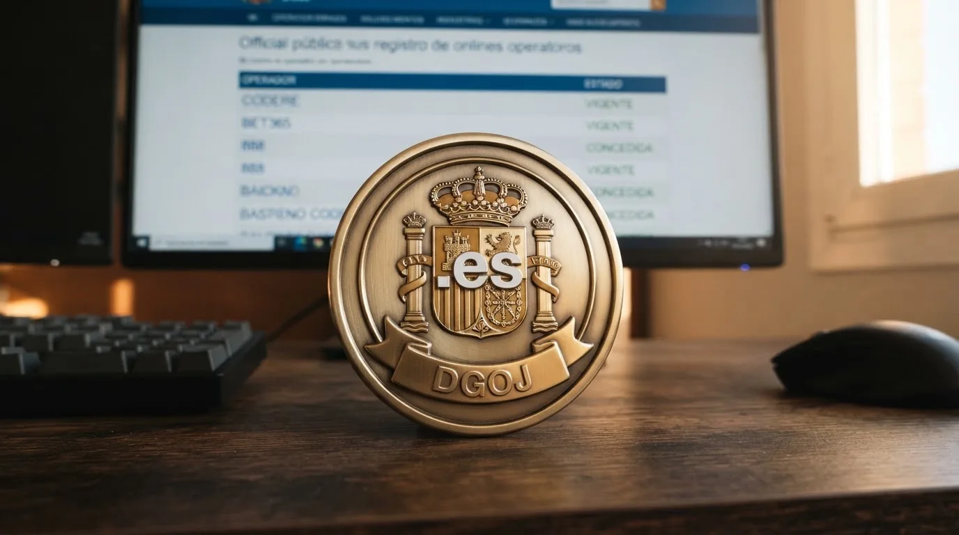Logotipo oficial de la DGOJ junto al dominio .es y un extracto del registro público de operadores autorizados en la sede electrónica de ordenacionjuego.es
