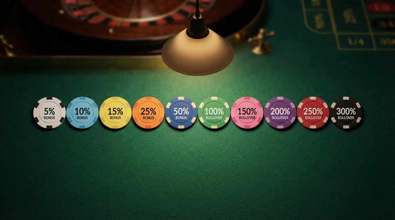 Diez fichas de casino alineadas con valores diferentes de porcentaje de bono, rollover y plazo de validez visibles sobre cada una
