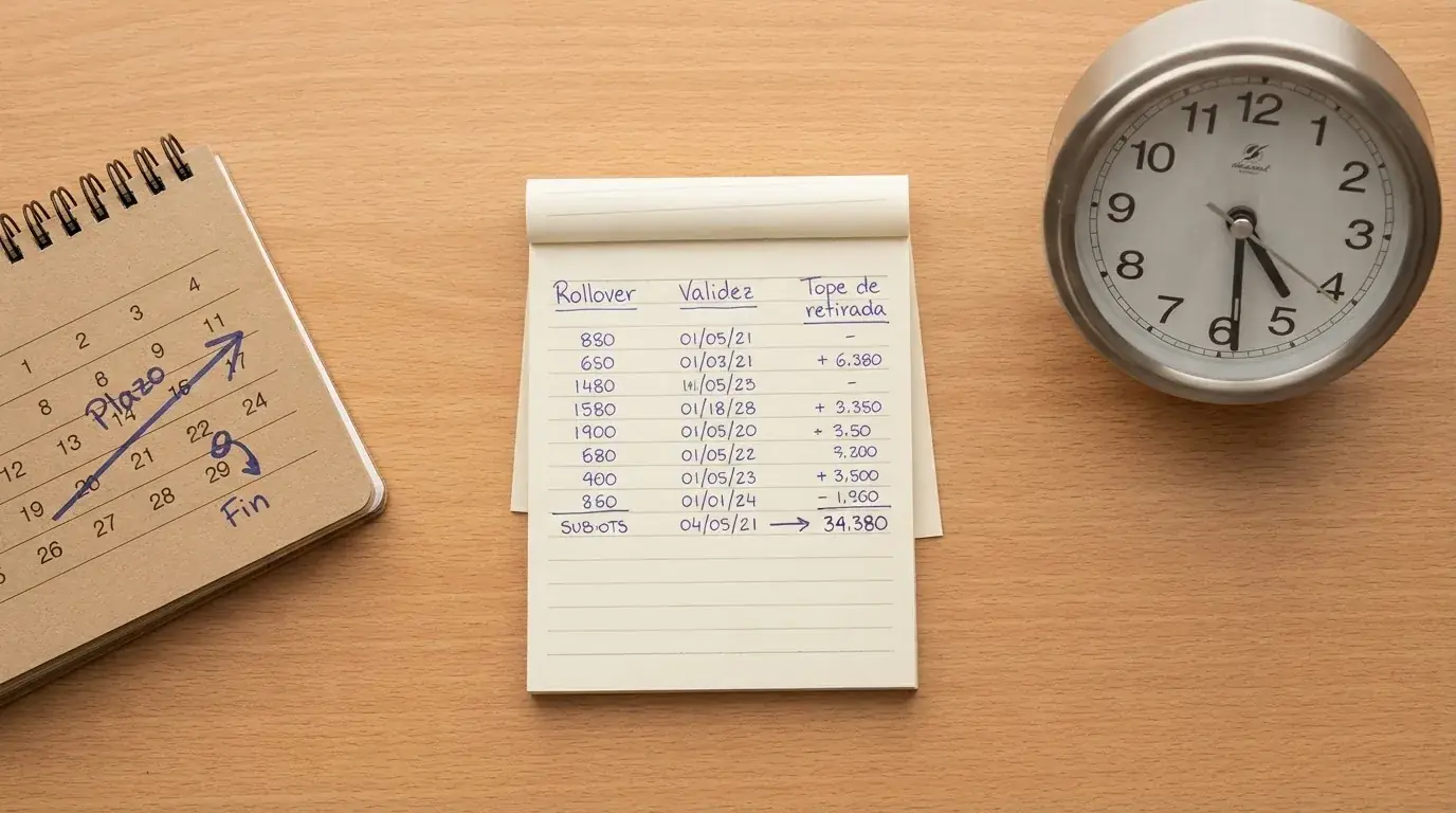 Una tabla comparativa con las condiciones clave de un bono sin depósito — rollover, plazo de validez y tope de retirada — junto a un calendario y un reloj que representan la caducidad.