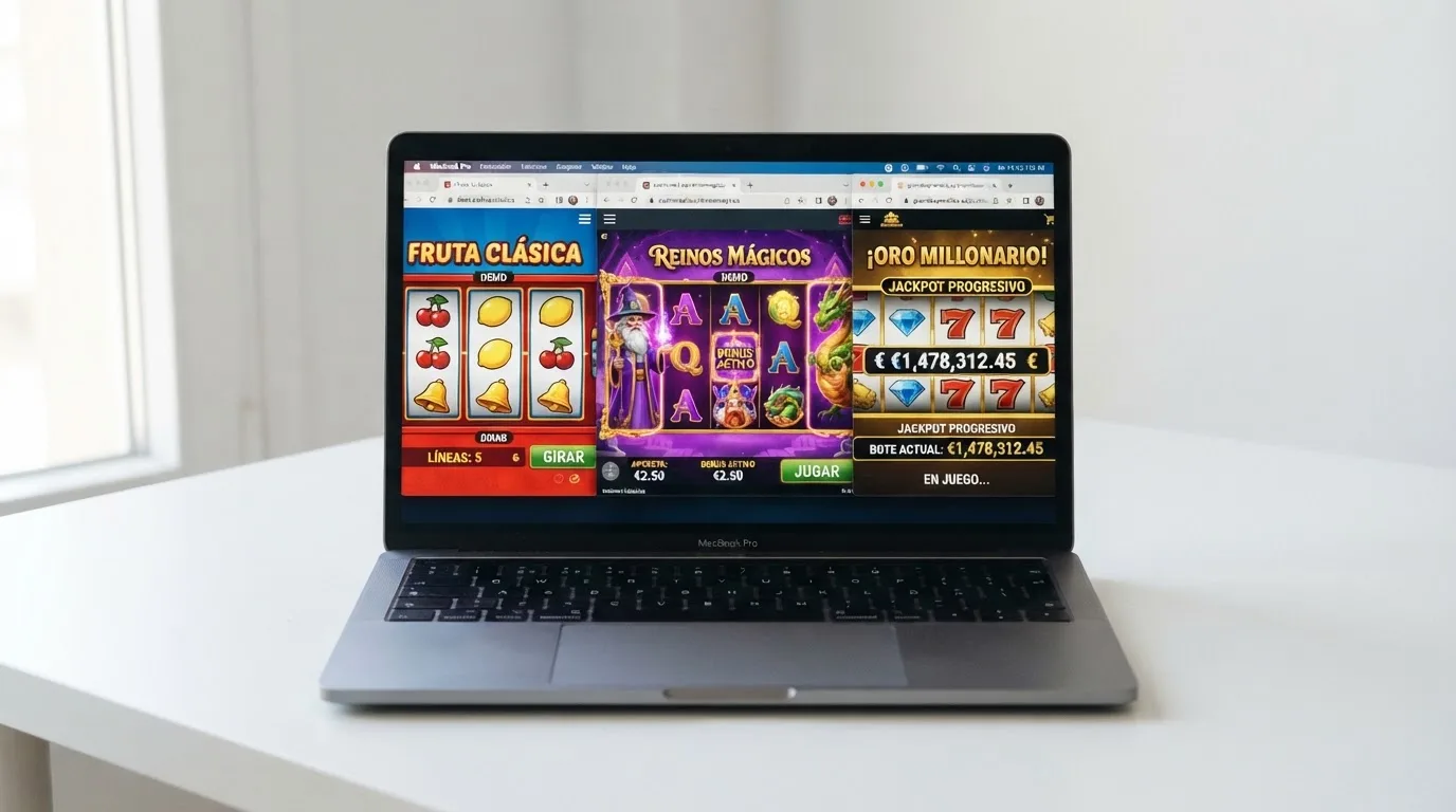 Una pantalla de ordenador portátil con tres ventanas de tragaperras distintas abiertas en el navegador: una clásica de frutas, una video slot con animaciones y una progresiva con el bote visible.