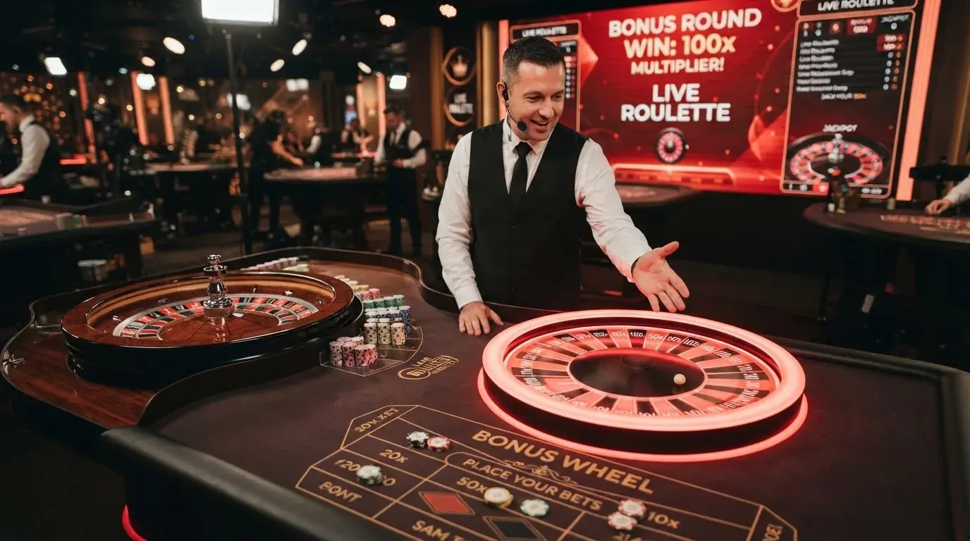 Una mesa de Red Door Roulette de Evolution con la rueda de la bonificación iluminada en rojo y el crupier anunciando el resultado