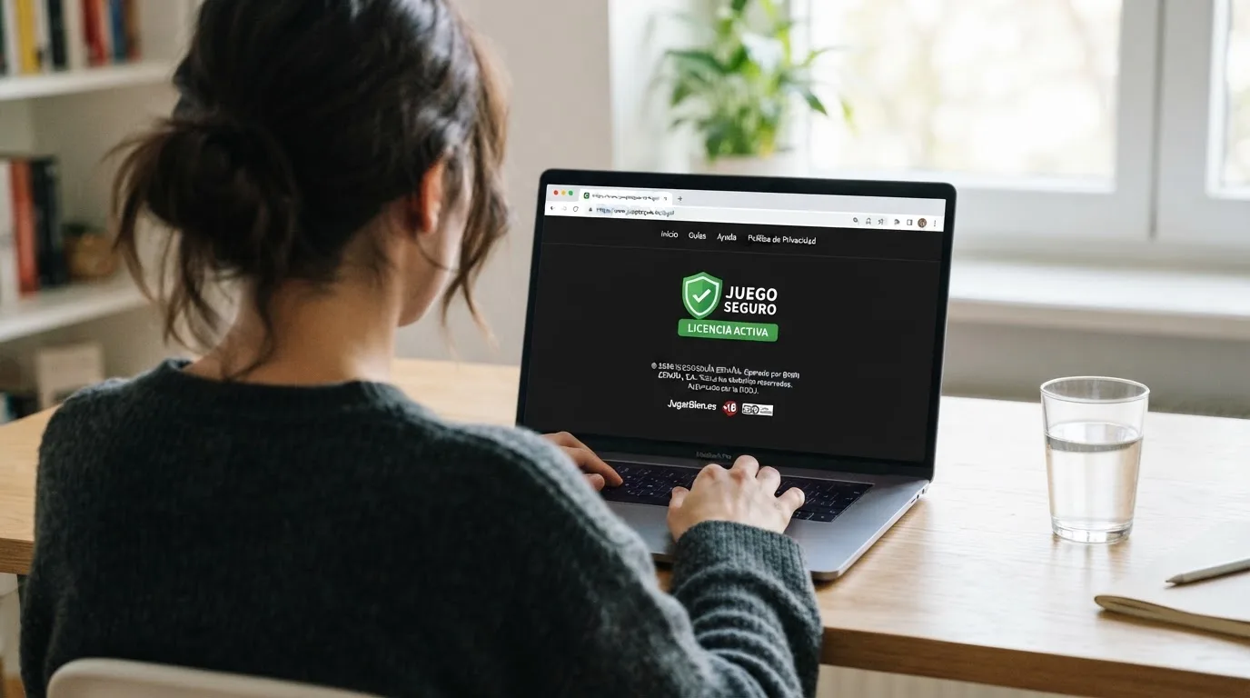 El pie de página de un casino online español donde se ven el dominio .es, el sello de la DGOJ y los datos del titular de la licencia.